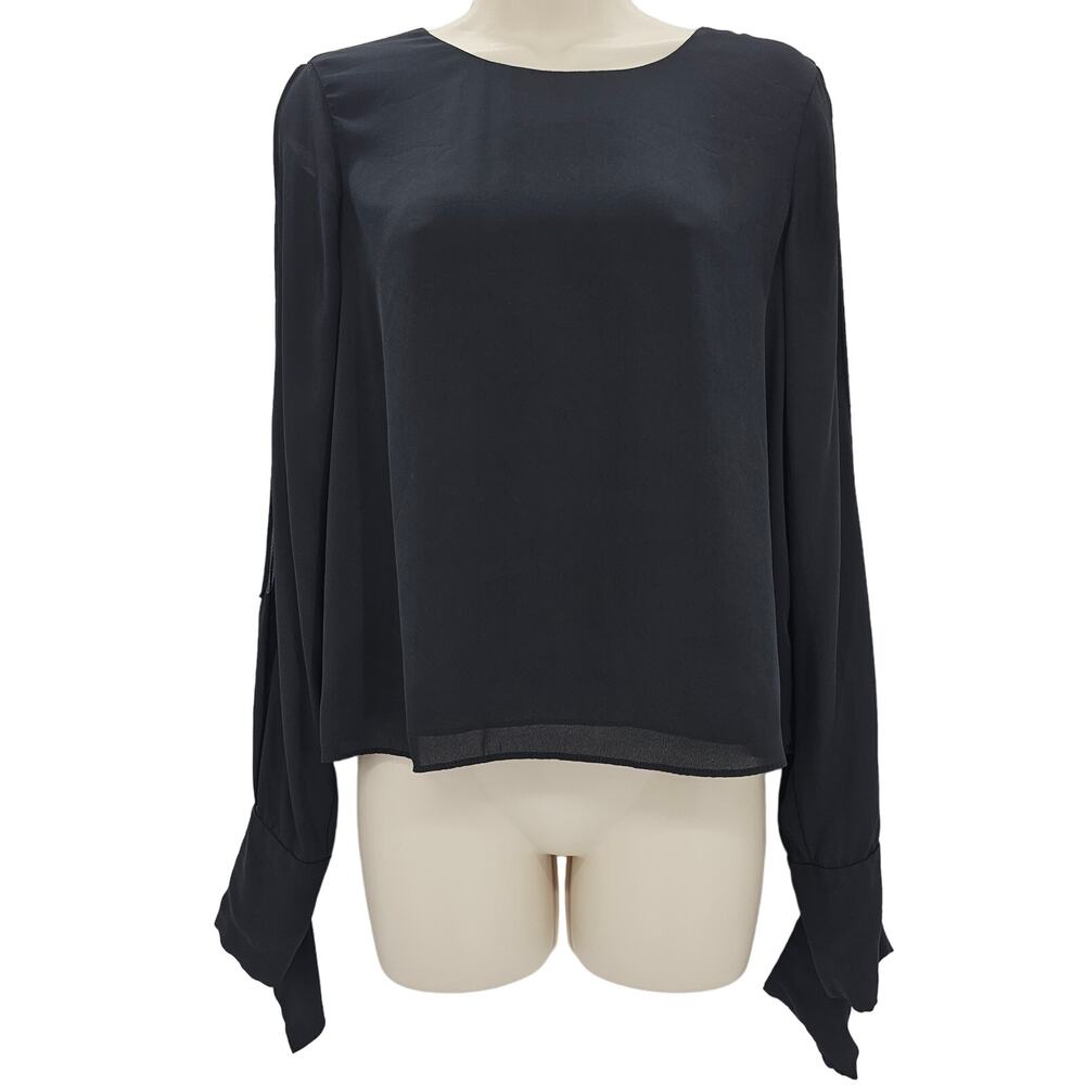 Ramy Brook Womans size M Addy Top Blouse Slit Sheer Sleeves Detail Cuff Black